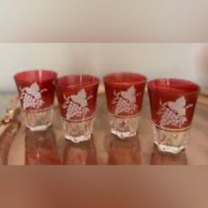 Vintage Set of 4 Cranberry Etched Grape Design Shot Glasses with Gold Trim